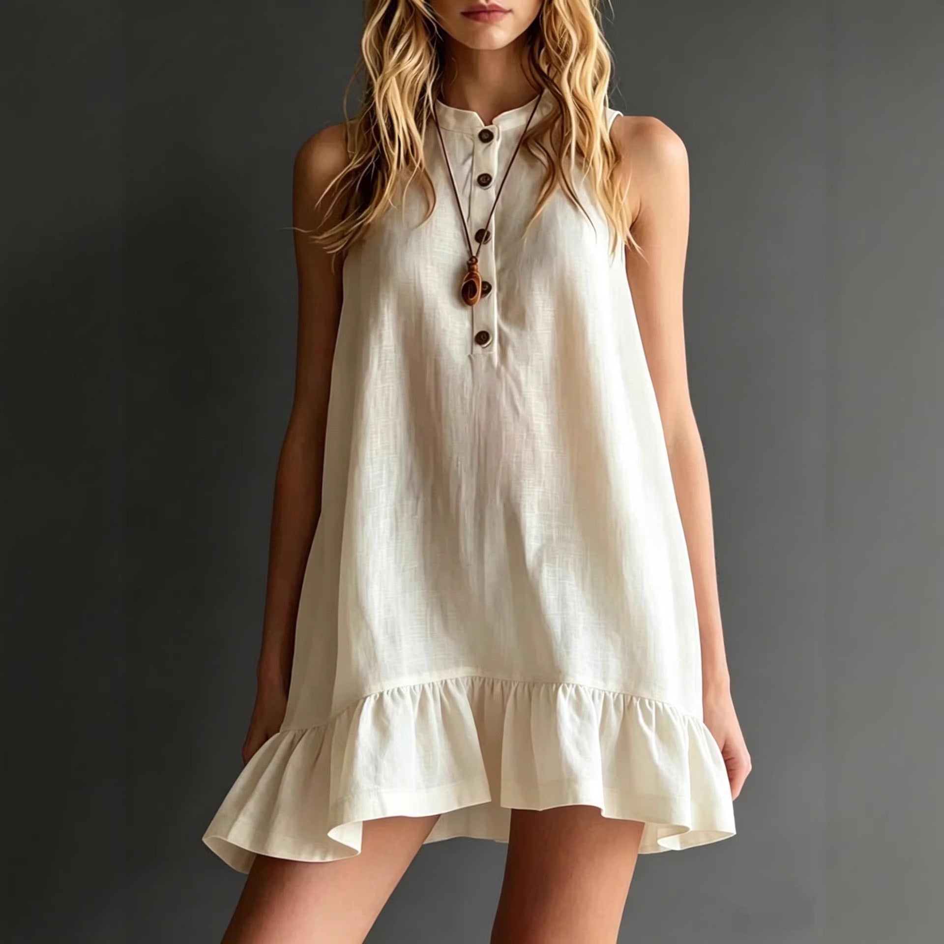 Robe midi col montant lin-coton à volant