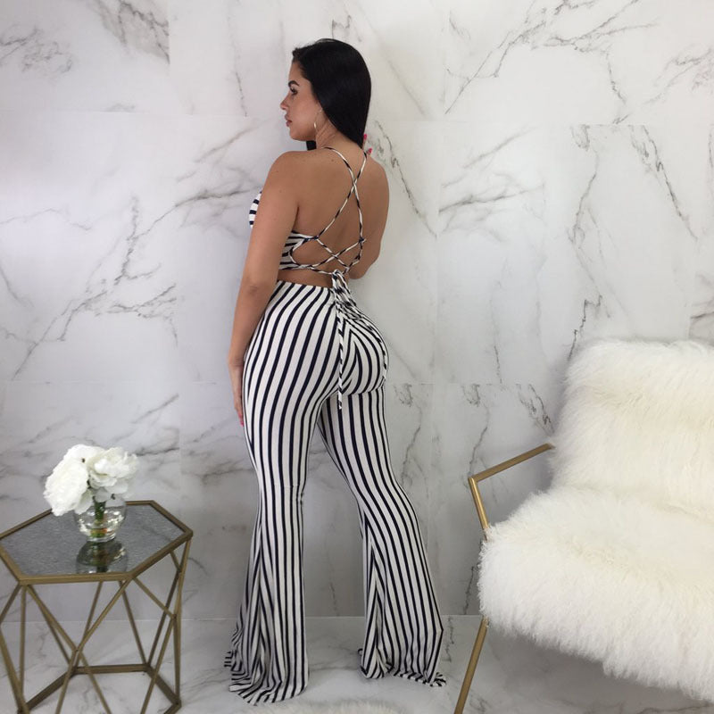 Striped slim-fit backless jumpsuit