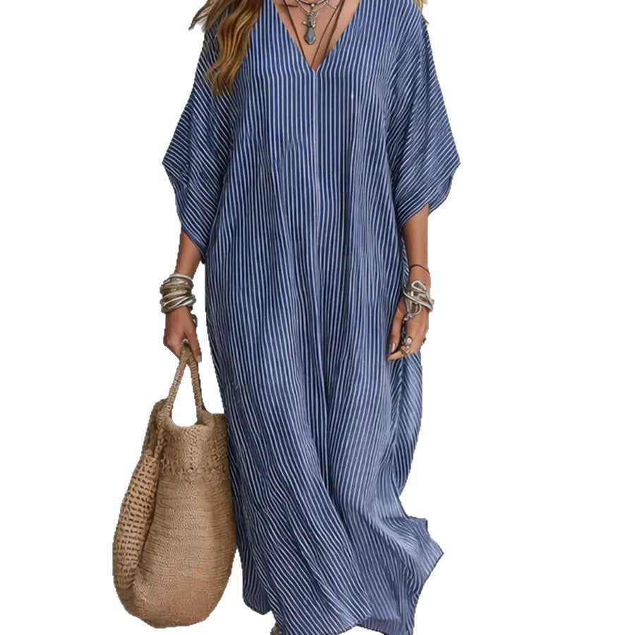 Robe longue rayée col V - Coupe ample et confortable