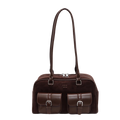 Sac à main en cuir marron avec deux poches avant à boucles, anses longues, design élégant et moderne, idéal pour la mode féminine et le quotidien.
