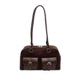 Sac à main en cuir marron avec deux poches avant à boucles, anses longues, design élégant et moderne, idéal pour la mode féminine et le quotidien.