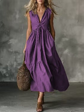 Robe longue col V sans manches – Unie et intemporelle
