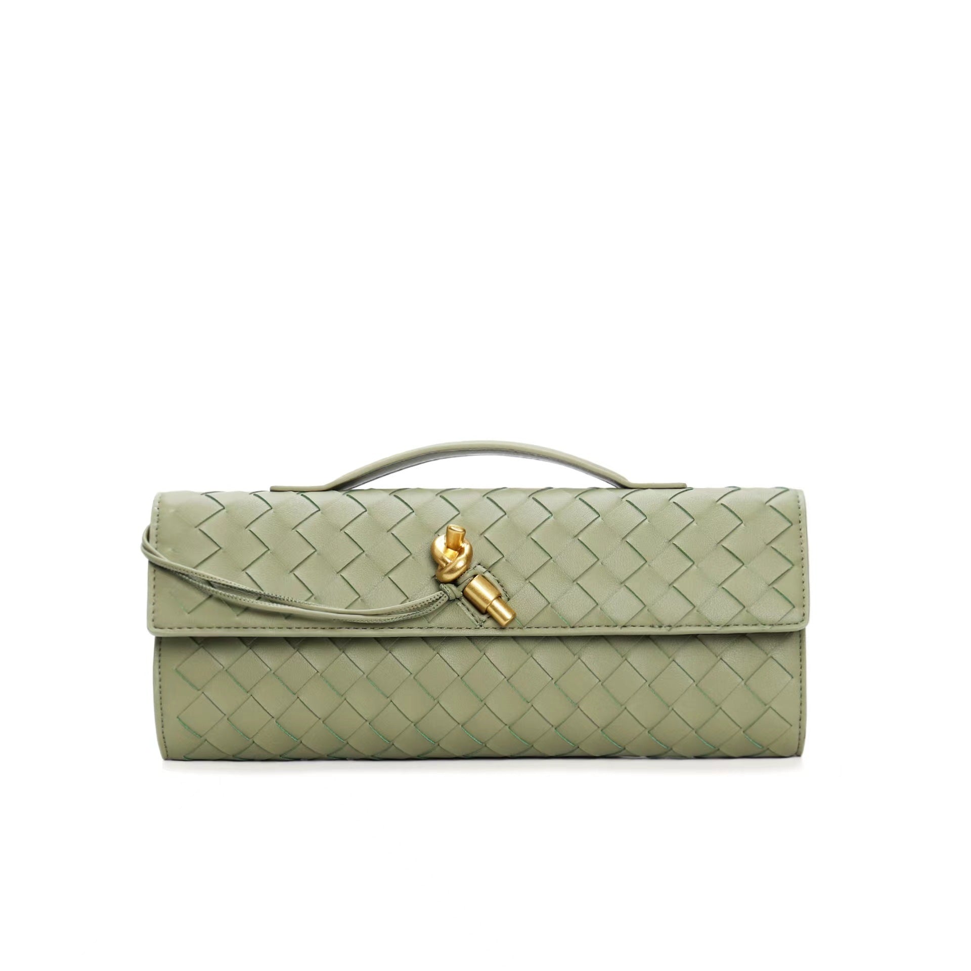 Sac à main vert tressé en cuir avec fermoir doré, design élégant et moderne. Accessoire de mode tendance pour femme.