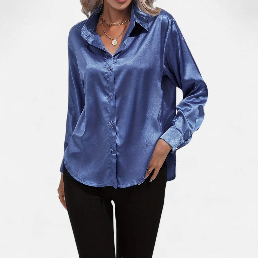 Chemisier boutonné en satin pour femme – Chemise classique à manches longues et revers