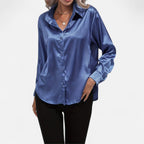 Chemisier boutonné en satin pour femme – Chemise classique à manches longues et revers