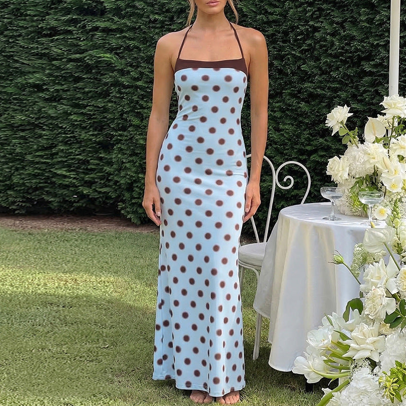 Sky-blue polka dot high-waisted dress