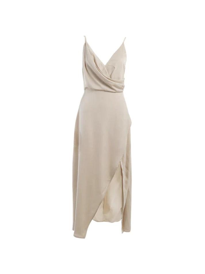 Midi dress with V-neck and thigh slit