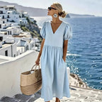 Robe fluide asymétrique en coton-lin bleu clair