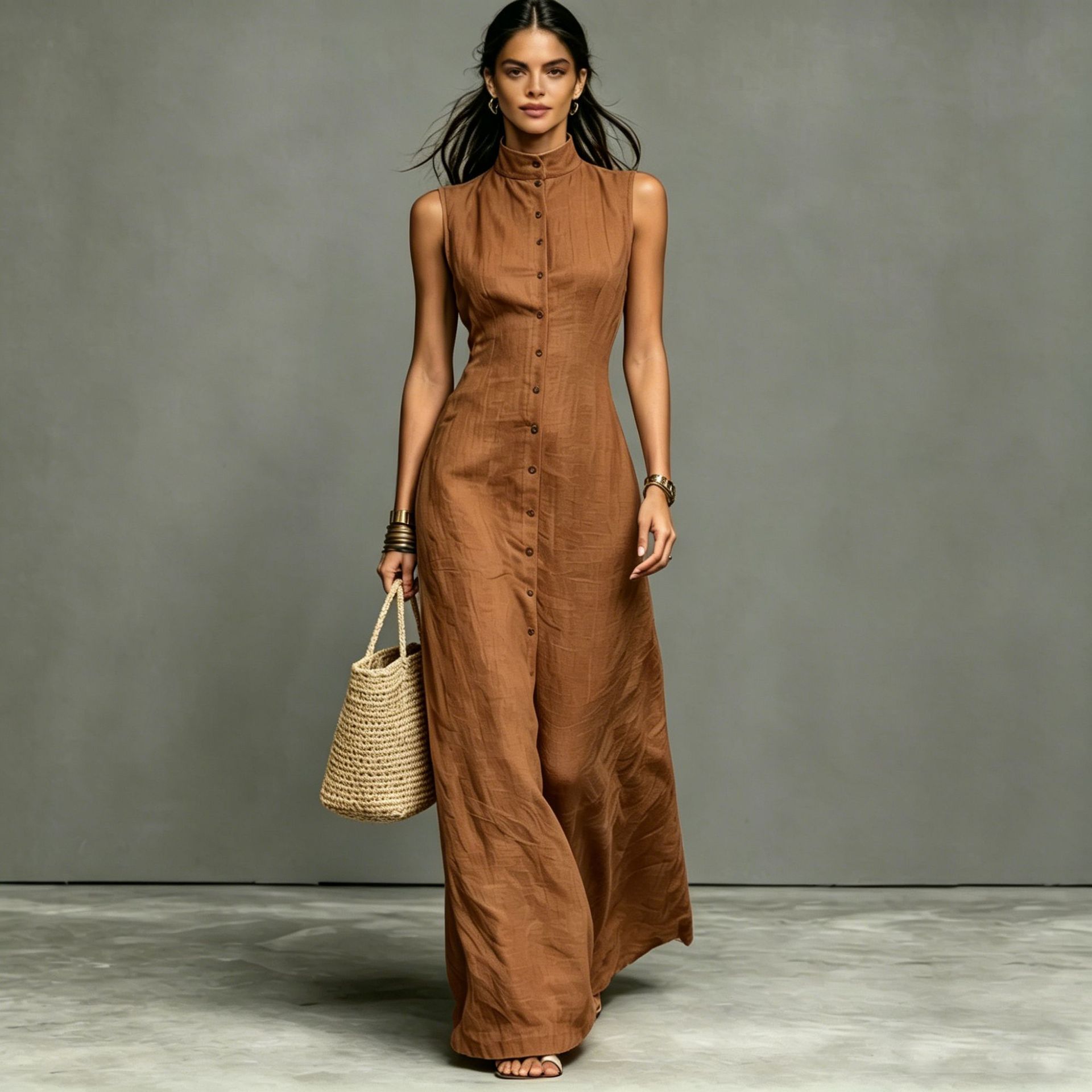 Robe longue sans manches col dressé — Élégance intemporelle