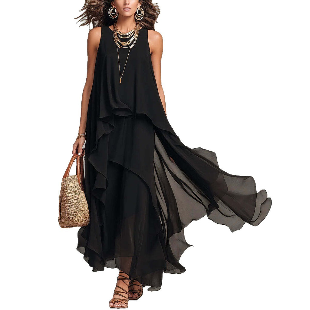 Asymmetric black sleeveless maxi dress