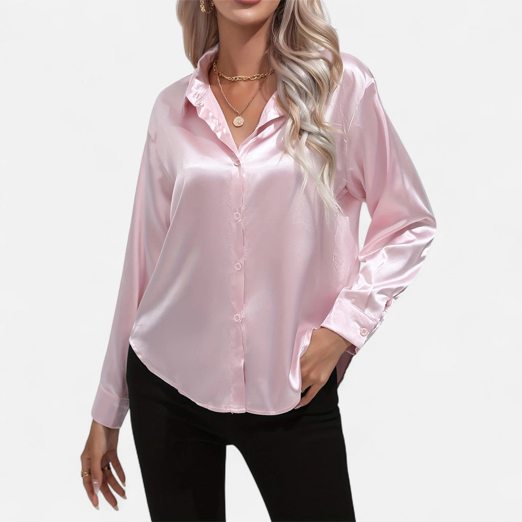 Chemisier boutonné en satin pour femme – Chemise classique à manches longues et revers