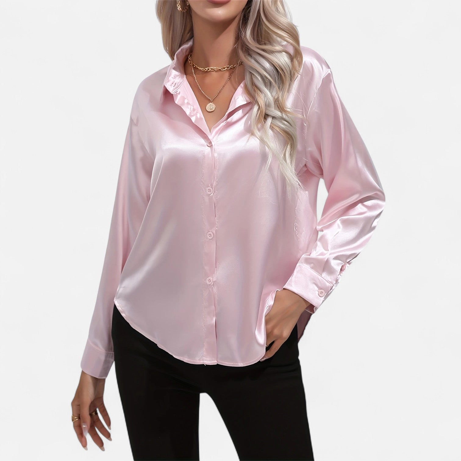 Chemisier boutonné en satin pour femme – Chemise classique à manches longues et revers