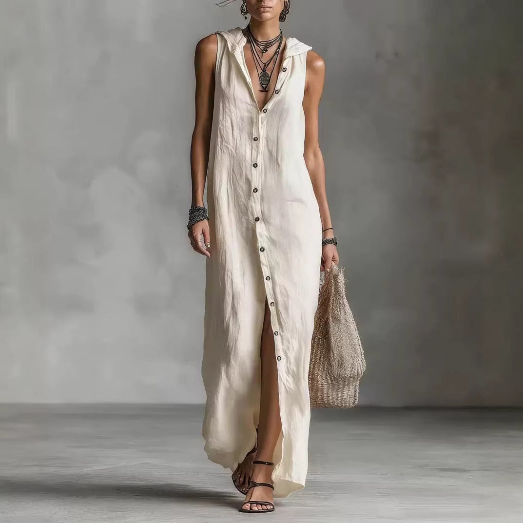 Robe longue sans manches à capuche et patte de boutonnage