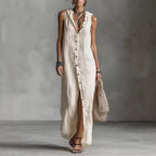 Robe longue sans manches à capuche et patte de boutonnage