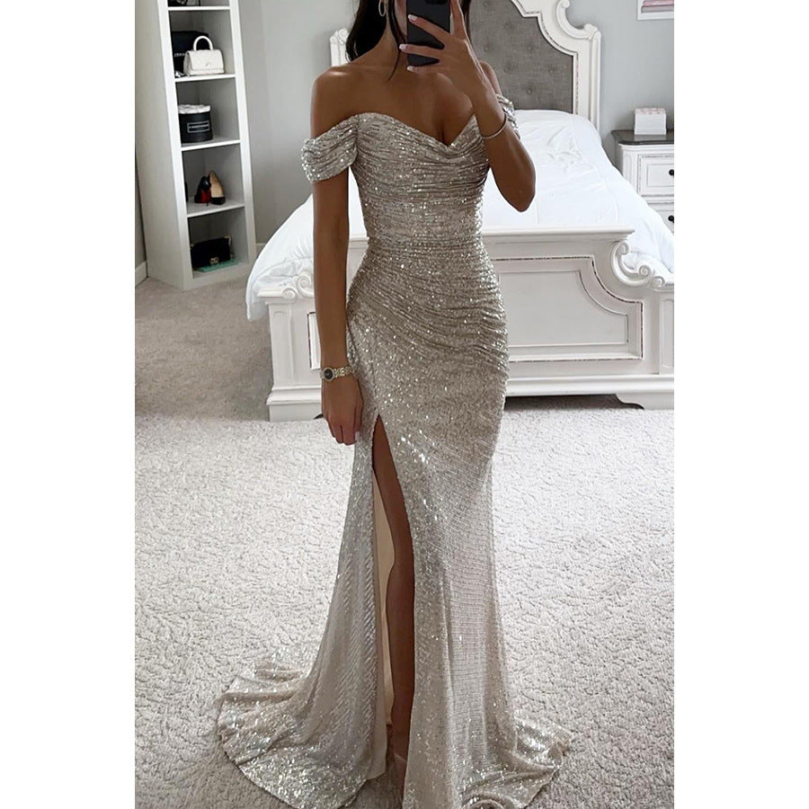 Robe de soirée d'automne pour femmes - robe longue pailletée décolletée avec fente pour le mariage et la fête