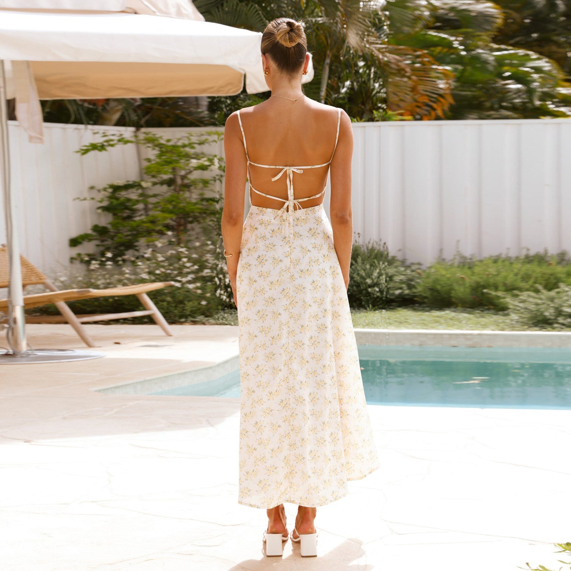 Floral backless fluid dress — Resort elegance