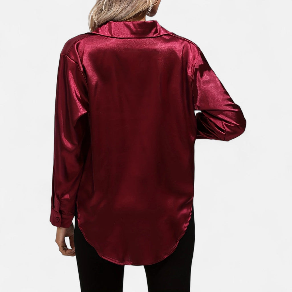 Chemisier boutonné en satin pour femme – Chemise classique à manches longues et revers