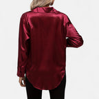 Chemisier boutonné en satin pour femme – Chemise classique à manches longues et revers