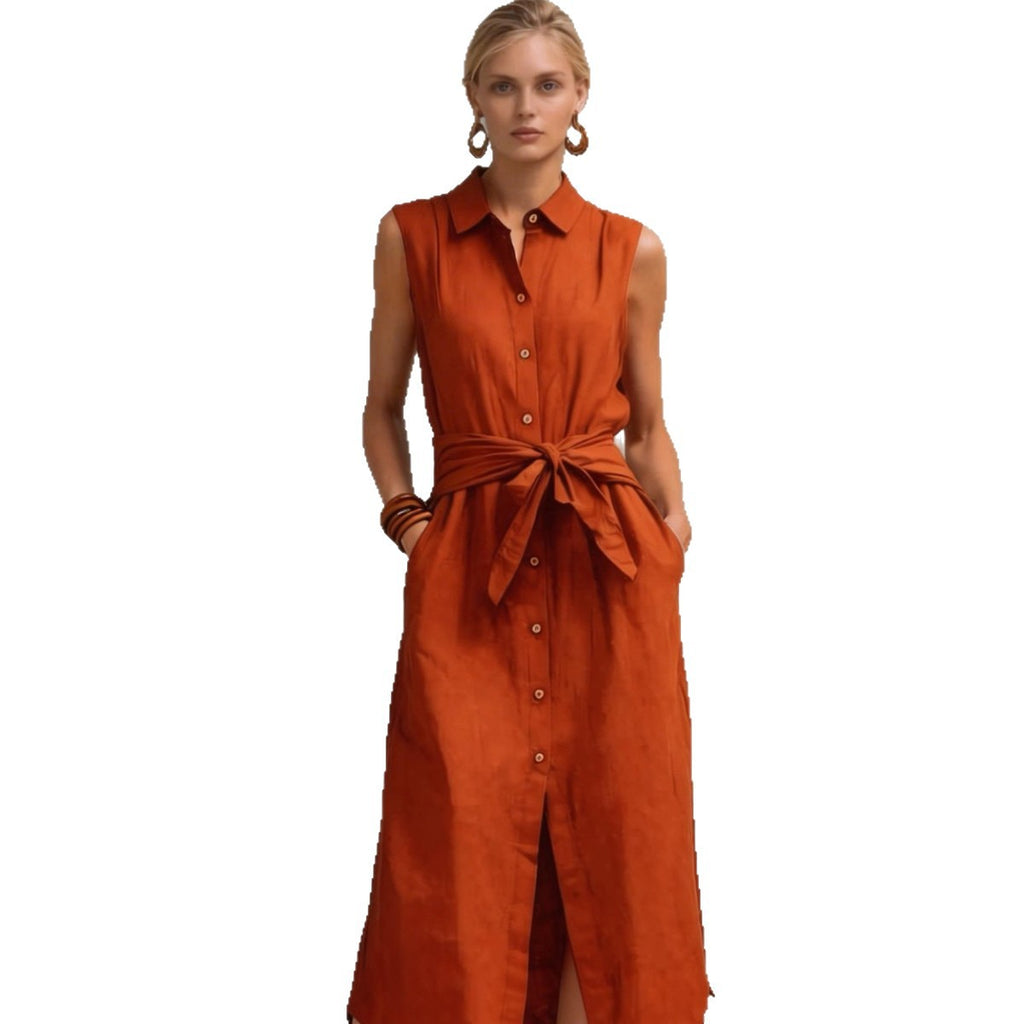 Robe droite lin-coton sans manches teinte unie