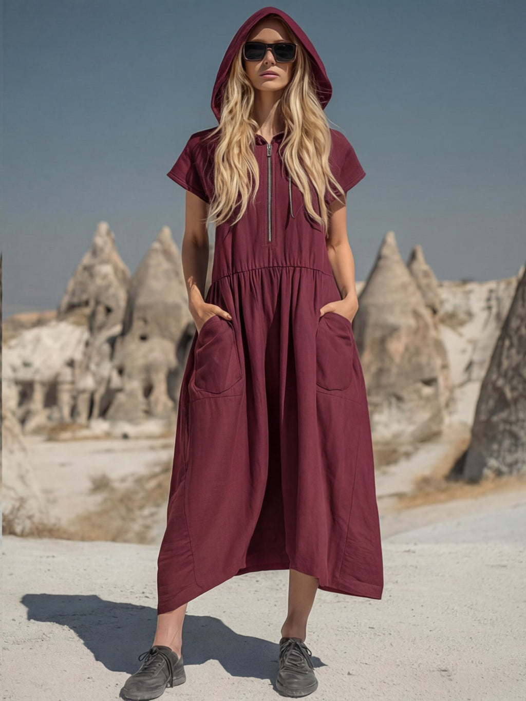 Robe midi à capuche et demi-zip