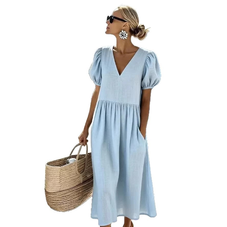 Robe fluide asymétrique en coton-lin bleu clair