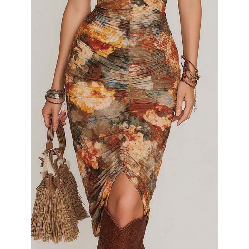 Robe imprimée florale, taille haute et manches bouffantes