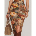 Robe imprimée florale, taille haute et manches bouffantes
