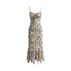 Robe longue fluide à motifs floraux et ceinture cintrante