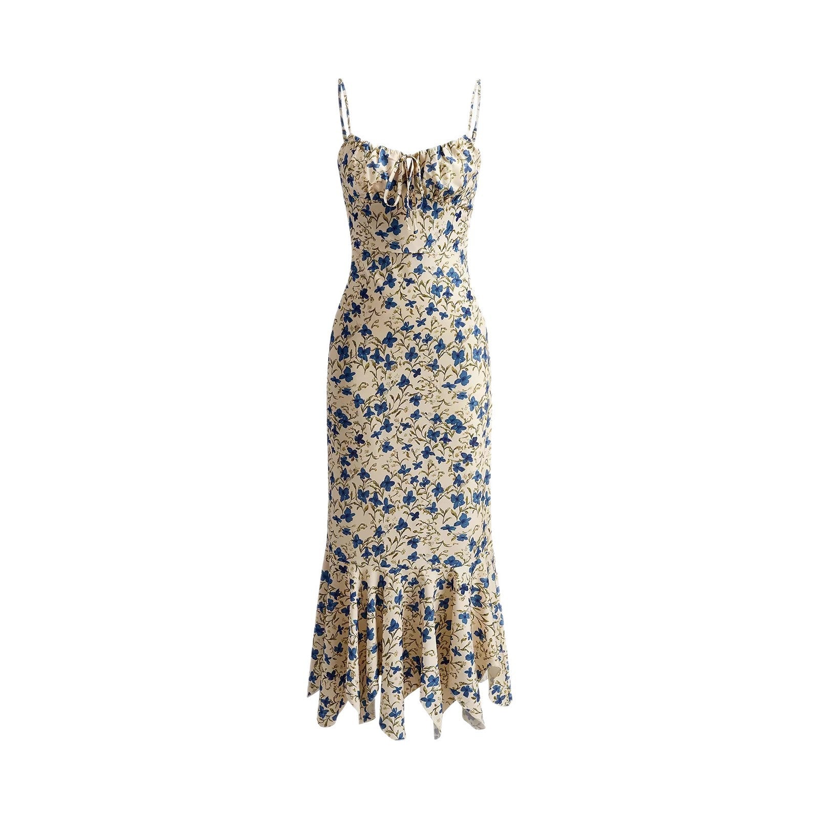 Robe longue fluide à motifs floraux et ceinture cintrante