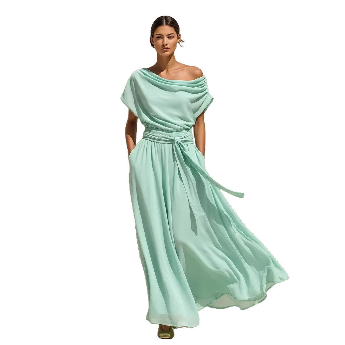 Robe mi-longue plissée taille marquée manches courtes