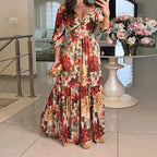 Printed long dress, V-neck, and tie belt