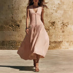 Asymmetrical V-neck long dress, linen and cotton