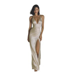 Robe longue satinée élégante — Ceinture noeuds et fente