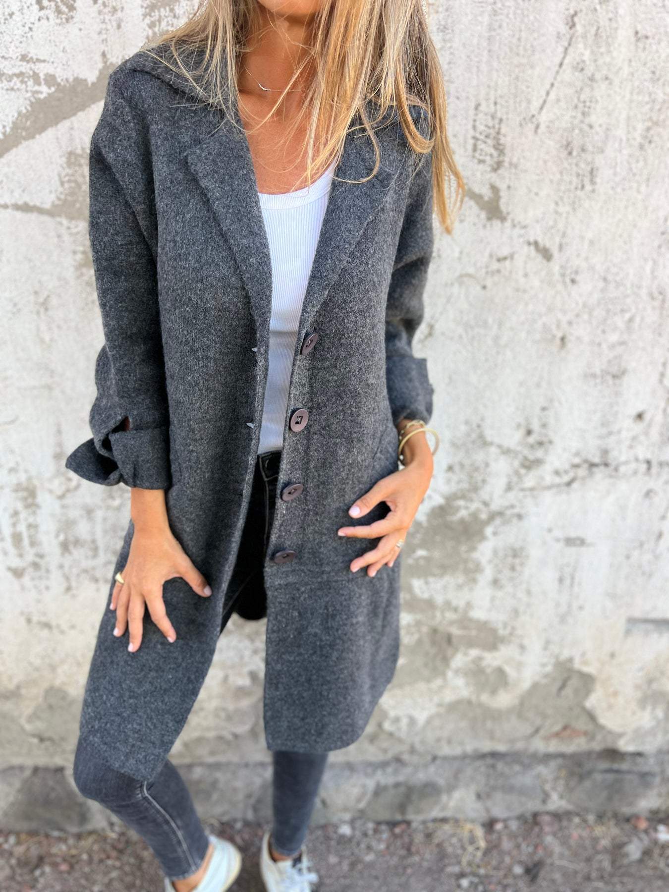 Long women's coat with a wrap closure | Elegant cotton coat for spring and autumn
