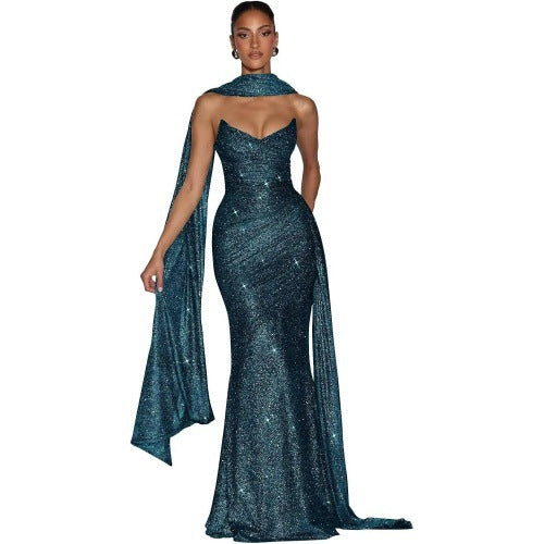Sequin evening dress with side slit
