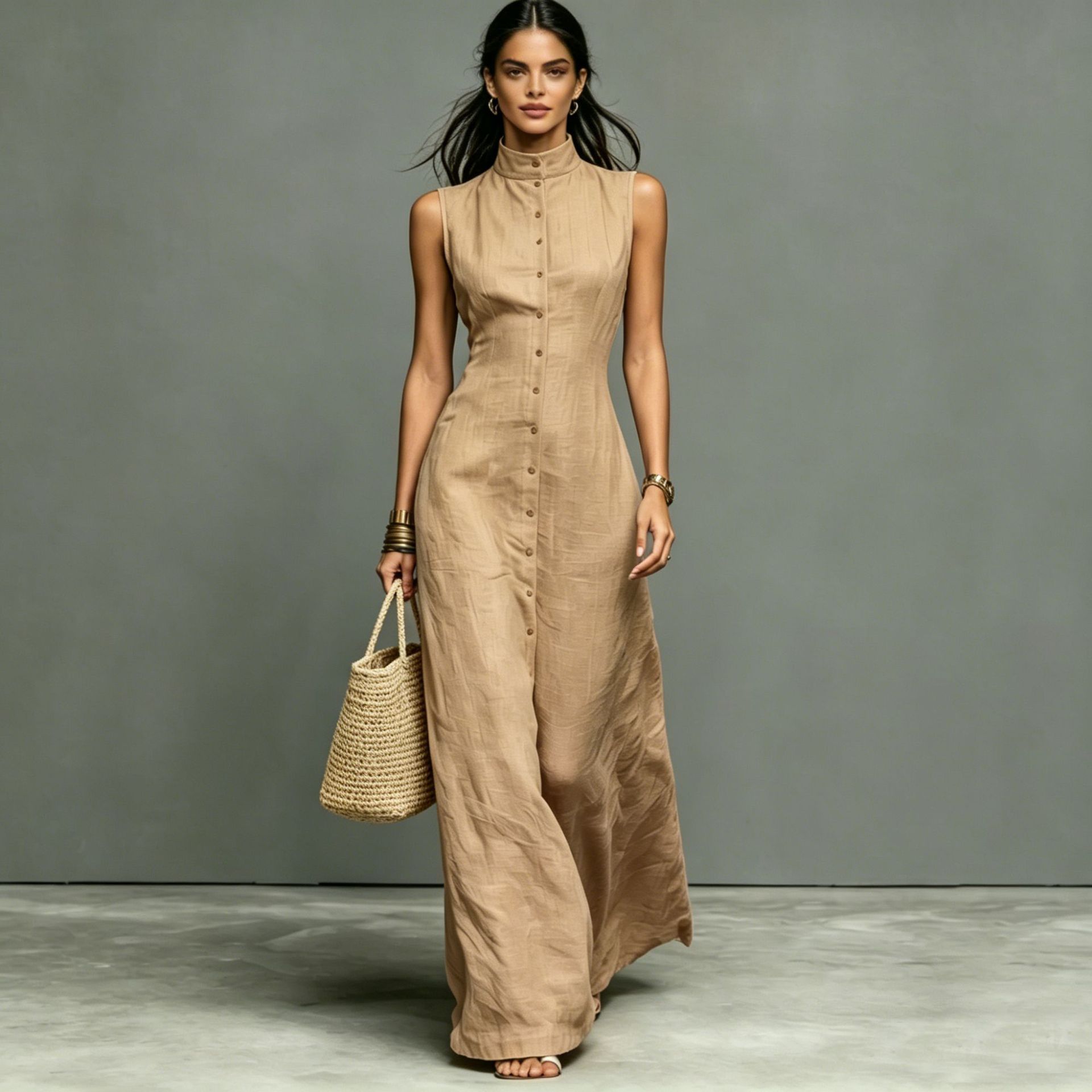 Robe longue sans manches col dressé — Élégance intemporelle