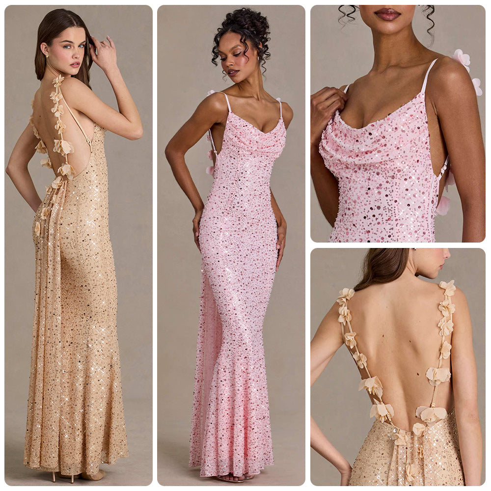Robe longue dos nu perlée et paillettes