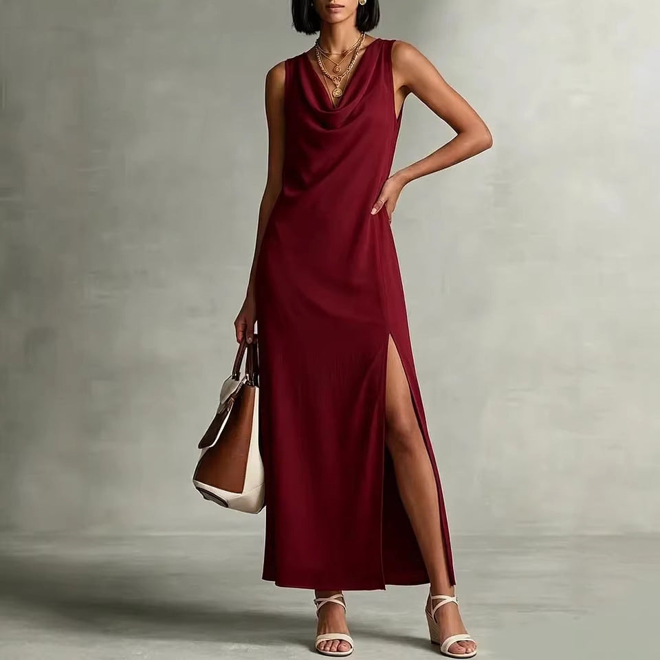 Robe fluide col drapé fendu lin polyester