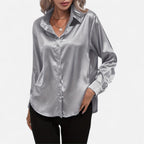 Chemisier boutonné en satin pour femme – Chemise classique à manches longues et revers
