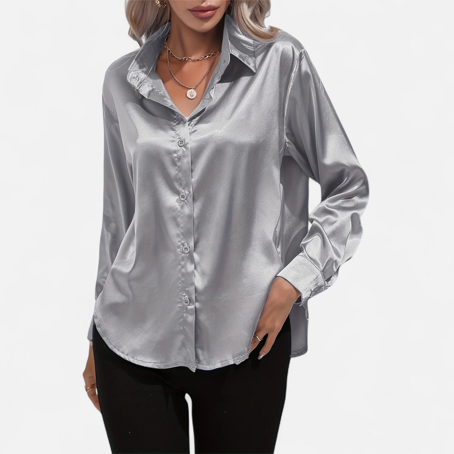 Chemisier boutonné en satin pour femme – Chemise classique à manches longues et revers