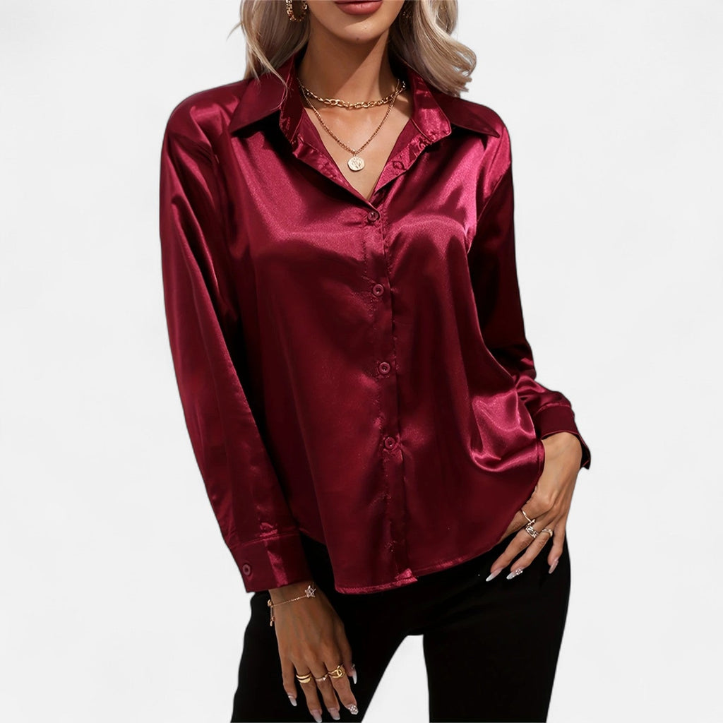 Chemisier boutonné en satin pour femme – Chemise classique à manches longues et revers