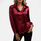 Chemisier boutonné en satin pour femme – Chemise classique à manches longues et revers
