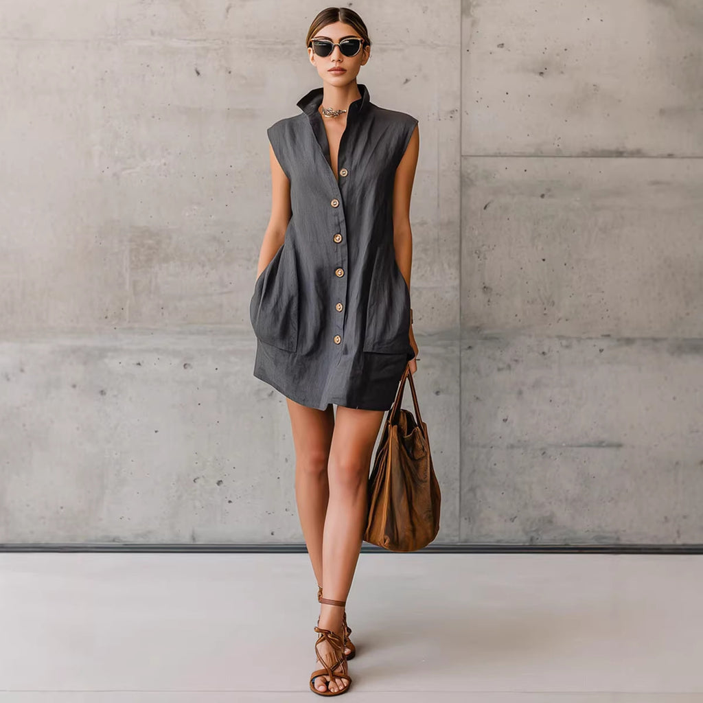 Robe chemise sans manches col montant — Élégance estivale