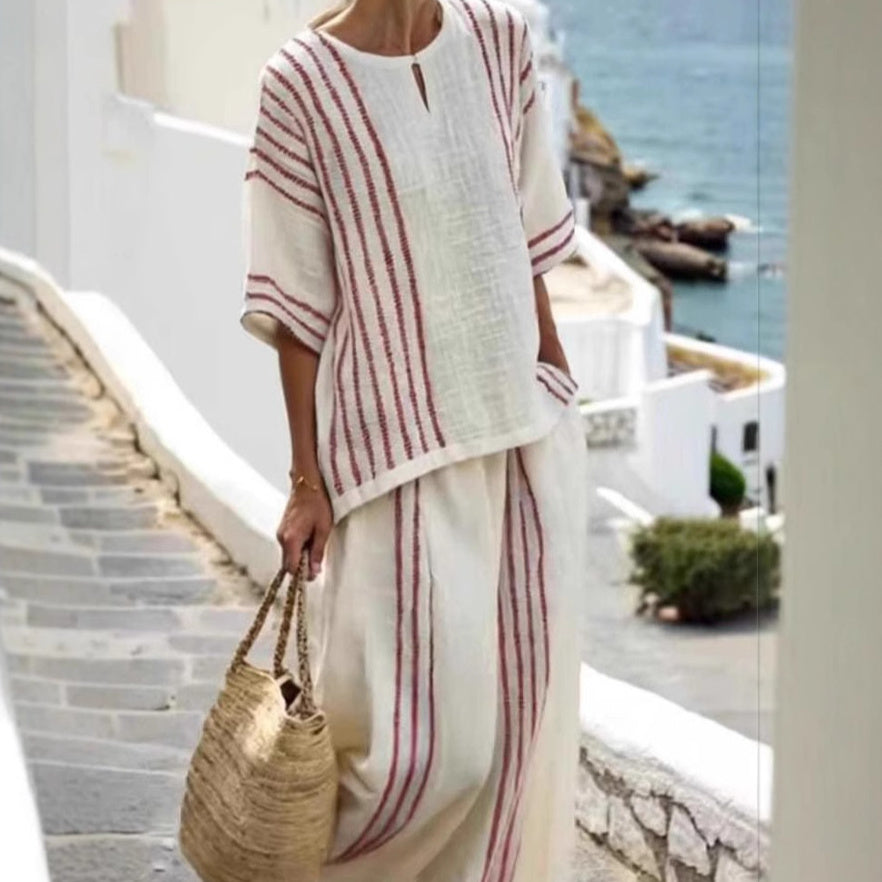 Ensemble rayé coton-lin — Top et pantalon casual