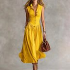 Robe longue épurée à col tailleur et patchwork