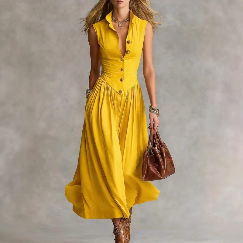 Robe longue épurée à col tailleur et patchwork