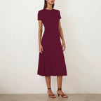 Robe d'été col rond manches courtes noir et bordeaux