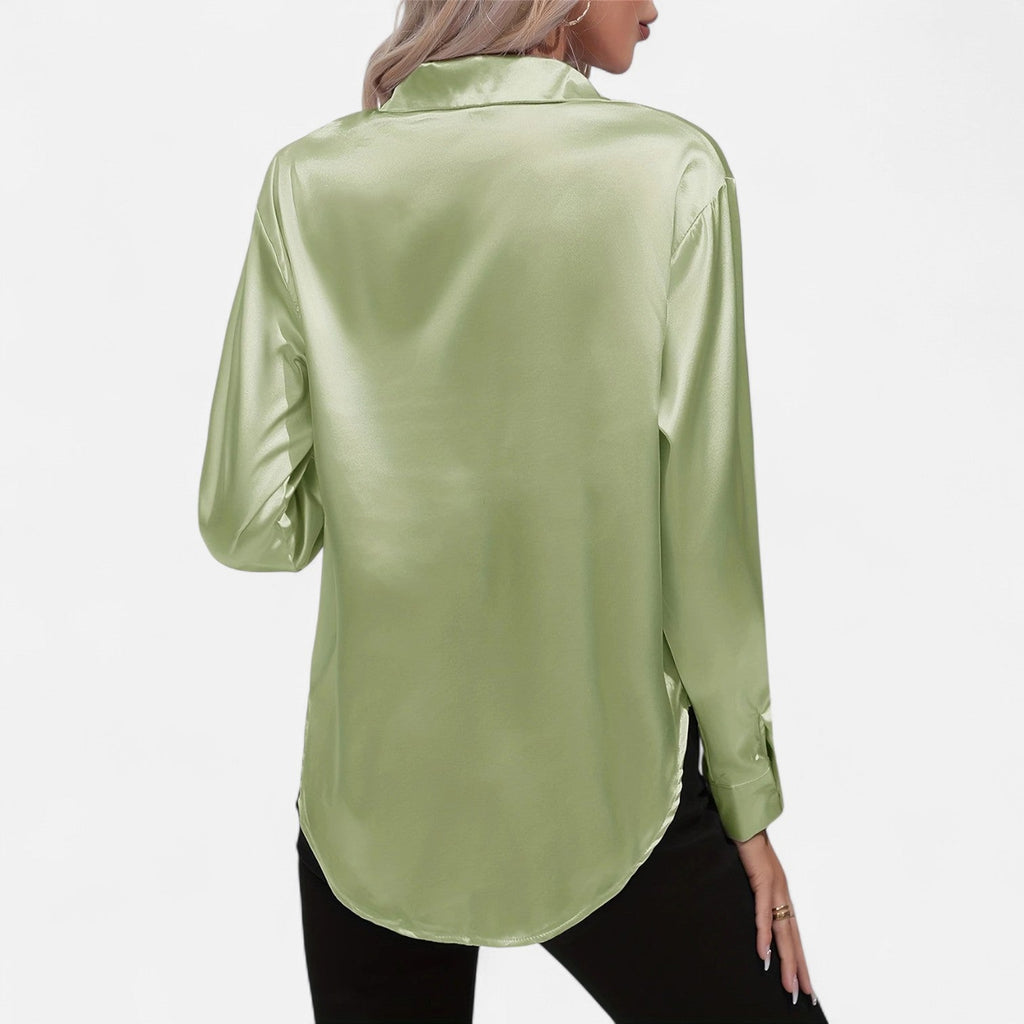 Chemisier boutonné en satin pour femme – Chemise classique à manches longues et revers