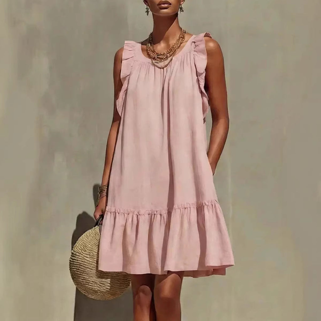 Robe droite sans manches, col rond et volants