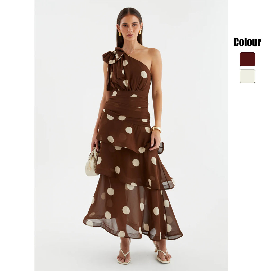 Asymmetrical polka dot dress with openwork details